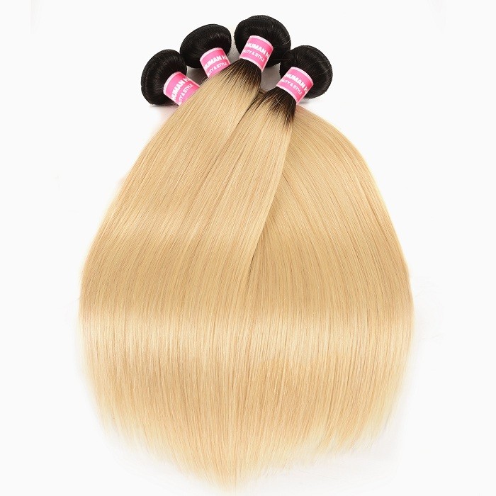 Kriyya Straight T1B/613 Ombre Blonde 4 Bundles With 4x4 Lace Closure Peruvian 100% Virgin Hair