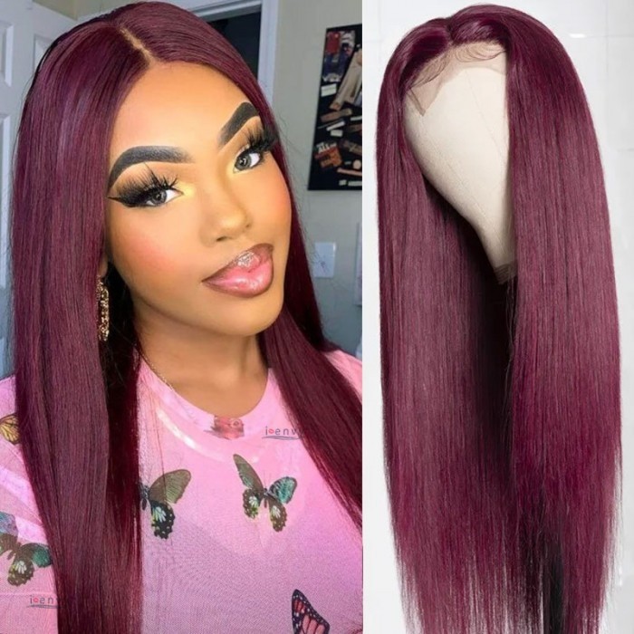 Kriyya 100% Virgin Human Hair 99J Dark Red Straight Lace Part Wigs 150% Density Middle Part Wig