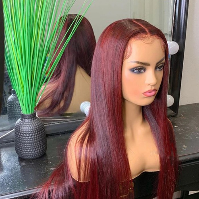 Kriyya 100% Virgin Human Hair 99J Dark Red Straight Lace Part Wigs 150% Density Middle Part Wig