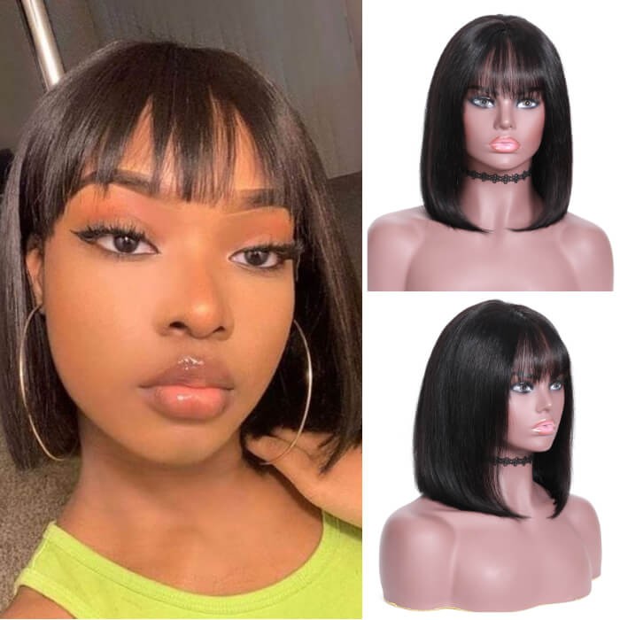 Kriyya Short Straight Wigs 13x4 Lace Front Human Hair Blunt Cut Bob Wig With Bangs 130% Density