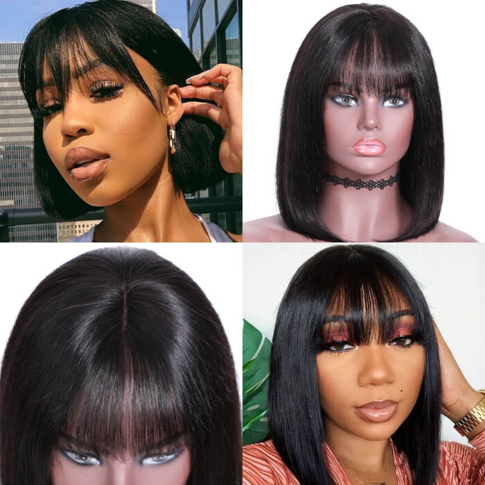 Kriyya Blunt Cut Straight Bob Human Hair Wigs 13x4 Lace Front Wigs With Bangs Thick 180% Density