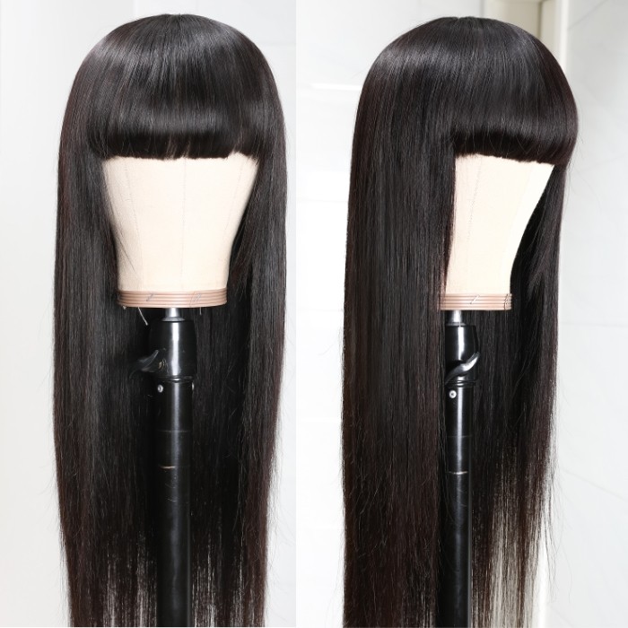 Kriyya Neat Bangs Natural Black Capless Wig Straight Human Hair Wigs With Bangs 150% Density Remy Hair Wigs
