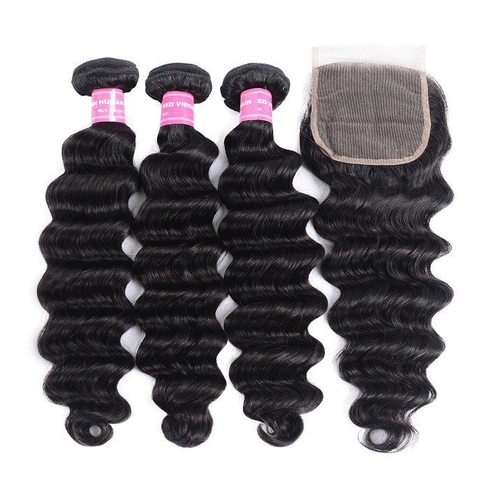 Kriyya Loose Deep Wave 100% Virgin Human Hair 3 Bundles With Lace Closure 4 X 4 Inch