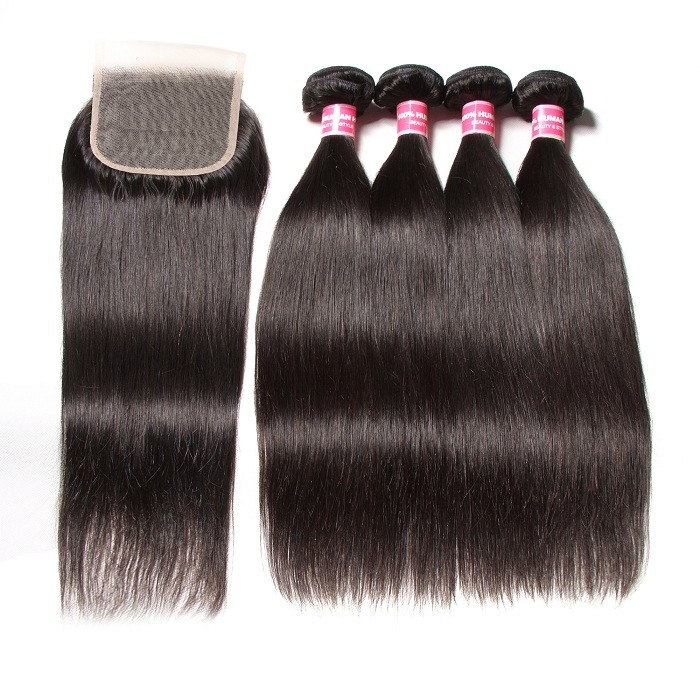 Kriyya Best Indian 4 Bundles Straight Hair With Closure 4x4 Transparent Lace
