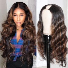 Kriyya Brazilian U Part Wig Virgin Human Hair Copper Red Highlight Body Wave U Shape 150% Density