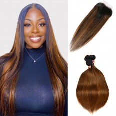 Kriyya Caramel Balayage Highlights Color Straight 4X4 Lace Closure With 3 Bundles Virgin Hair