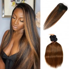 Kriyya Caramel Balayage Highlights Color Straight 4X4 Lace Closure With 4 Bundles Virgin Hair