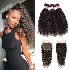 Kriyya Indian Jerry Curly Hair 3 Bundles With 4X4 Closure Human Hair Virgin Hair Extensions