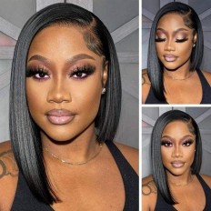 Kriyya Human Hair Bob Wigs With Side Part Short Blunt Cut  Lace Front Wig Asymmetric Bob Wigs