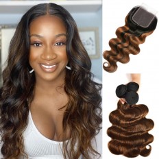 Kriyya Caramel Balayage Highlights Color Body Wave 4X4 Lace Closure With 3 Bundles Virgin Hair