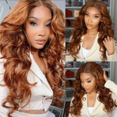 Kriyya 13X4 Ombre Highlight Loose Wave Wig Caramel Brown Lace Front Human Hair Wig 180% Density