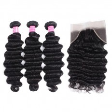Kriyya Brazilian Hair 3 Bundles Loose Deep Wave Unprocessed Virgin Hair With 13*4 Lace Frontal