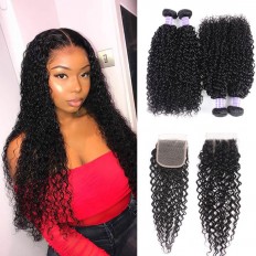 Kriyya Jerry Curly 4 Bundles Brazilian Hair With 4x4 Closure Sew In Hair