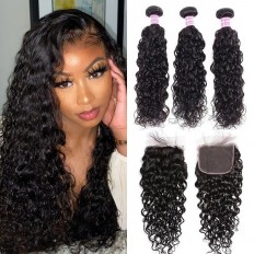 Kriyya Malaysian Water Wave Virgin Human Hair 3 Bundles With 4*4 Lace Closure