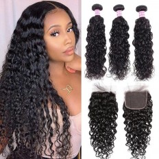 Kriyya Water Wave Unprocessed Human Hair 3 Bundles With Lace Closure 4 X 4 Inch Peruvian Hair