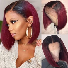 Kriyya 1B/99J Burgundy Ombre 4x4 Lace Closure Wig Straight Human Hair Bob Hair Wigs with Baby Hair 150% Density