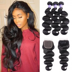 Kriyya 3 Pcs Body Wave With 4*4 Lace Closure Malaysian 100% Virgin Hair