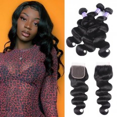 Kriyya Indian 3 Bundles With 4*4 Lace Closure Body Wave 100% Human Hair