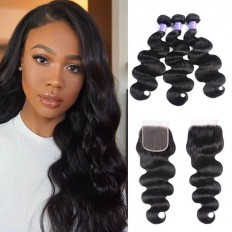 Kriyya Body Wave 100% Virgin Hair Peruvian 3 Bundles With 4*4 Lace Closure
