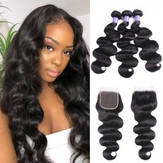 Kriyya Body Wave 100 Human Hair 3 Bundles With 4*4 Lace Closure Brazilian Hair