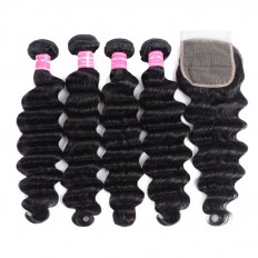 Kriyya Peruvian Loose Deep Wave Hair Weave 4 Bundles With 4x4 Lace Front Closure