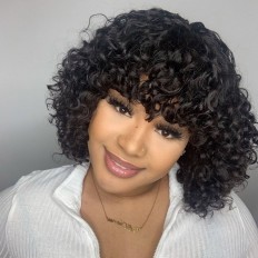 Kriyya Bob Style Human Hair Curly  Wig With Bangs Thick Elastic Curled 12 In Black Hair