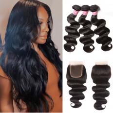 Kriyya Peruvian Hair Body Wave 3 Bundles Deals With 4X4 Lace Closure