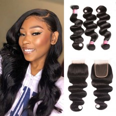 Kriyya Indian Remy Hair 3 Bundles With Closure 4X4 Inch Body Wave Weave 