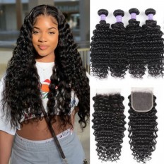 Kriyya Deep Wave 4pcs Brazilian Bundles With Lace Closure