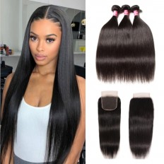 Kriyya Affordable Straight Peruvian Human Hair 3 Bundles With 4X4 Closure Free Part