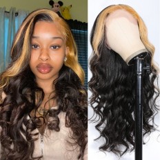 Kriyya Honey Blonde Skunk Stripe Highlight Loose Wave 13X4 Lace Front Wig 150% Density
