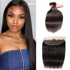 Kriyya 3 Bundles Brazilian Virgin Remy Hair Straight With 13*4 Lace Frontal