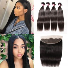 Kriyya 13x4 Ear To Ear Frontal With 4 Bundles Peruvian Straight Virgin Hair 