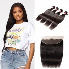 Kriyya Brazilian Straight Hair 13x4 Lace Frontal Closure With 4 Bundles