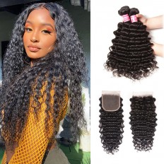 Kriyya Deep Wave Malaysian Human Hair 4 Bundles With 4X4 Lace Closure