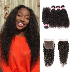 Kriyya Peruvian Hair Jerry Curly 4 Bundles With 4X4 Lace Closure 