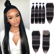 Kriyya 4 Bundles Indian Straight Hair Weave With 4x4 Closure