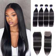 Kriyya Best Brazilian Straight Hair 4 Bundles With 4x4 Closure Virgin Hair