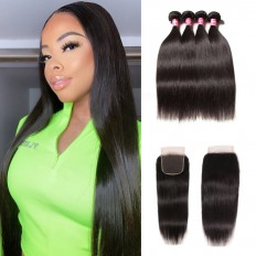 Kriyya 100 Human Hair Brazilian Straight 4 Bundles With 4X4 Closure 