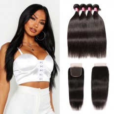 Kriyya Maylaysian Straight 100% Human Hair 4 Bundles With 4X4 Closure 