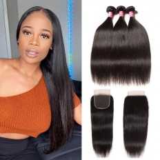 Kriyya Hot Selling Straight Brazilian Hair 3 Bundles With 4X4 Closure Free Part