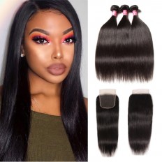 Kriyya High Quality Straight Indian 4X4 Lace Closure With 3 Bundles Virgin Hair