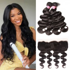 Kriyya 3 Pcs Brazilian Virgin Human Hair Body Wave With 13*4 Lace Frontal