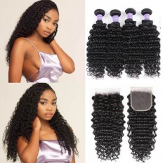 Kriyya Indian Deep Wave Closure With 4 Bundle Deals Virgin Human Hair
