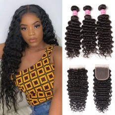 Kriyya Indian Human Hair 4X4 Closure With 3 Bundles Deep Wave Sew In Weaving