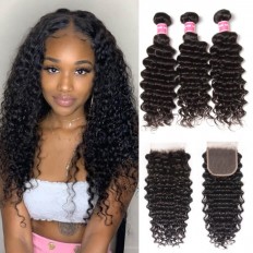 Kriyya Malaysian Weave Deep Wave Hair 3 Bundles With 4X4 Closure