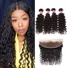 Kriyya Malaysian Deep Wave Virgin Hair 13x4 Pre Plucked Lace Frontal With 4 Bundles
