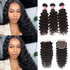 Kriyya Peruvian Deep Wave Hair Closure 4X4 Inch With 3 Bundles Virgin Hair