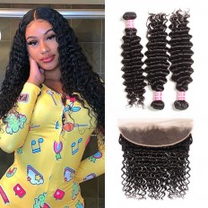 Kriyya 3 Pcs Deep Wave With 13*4 Lace Frontal Peruvian Remy Human Hair