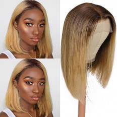Kriyya Golden Blonde Short Straight Bob Wig With Dark Roots Human Hair 13×4 Lace Front Wigs With Baby Hair 150% Density
